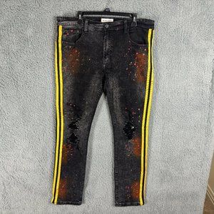 Blind Trust Black Jeans Red Paint Splash , Yellow Side Stripes Men's Size 38x32
